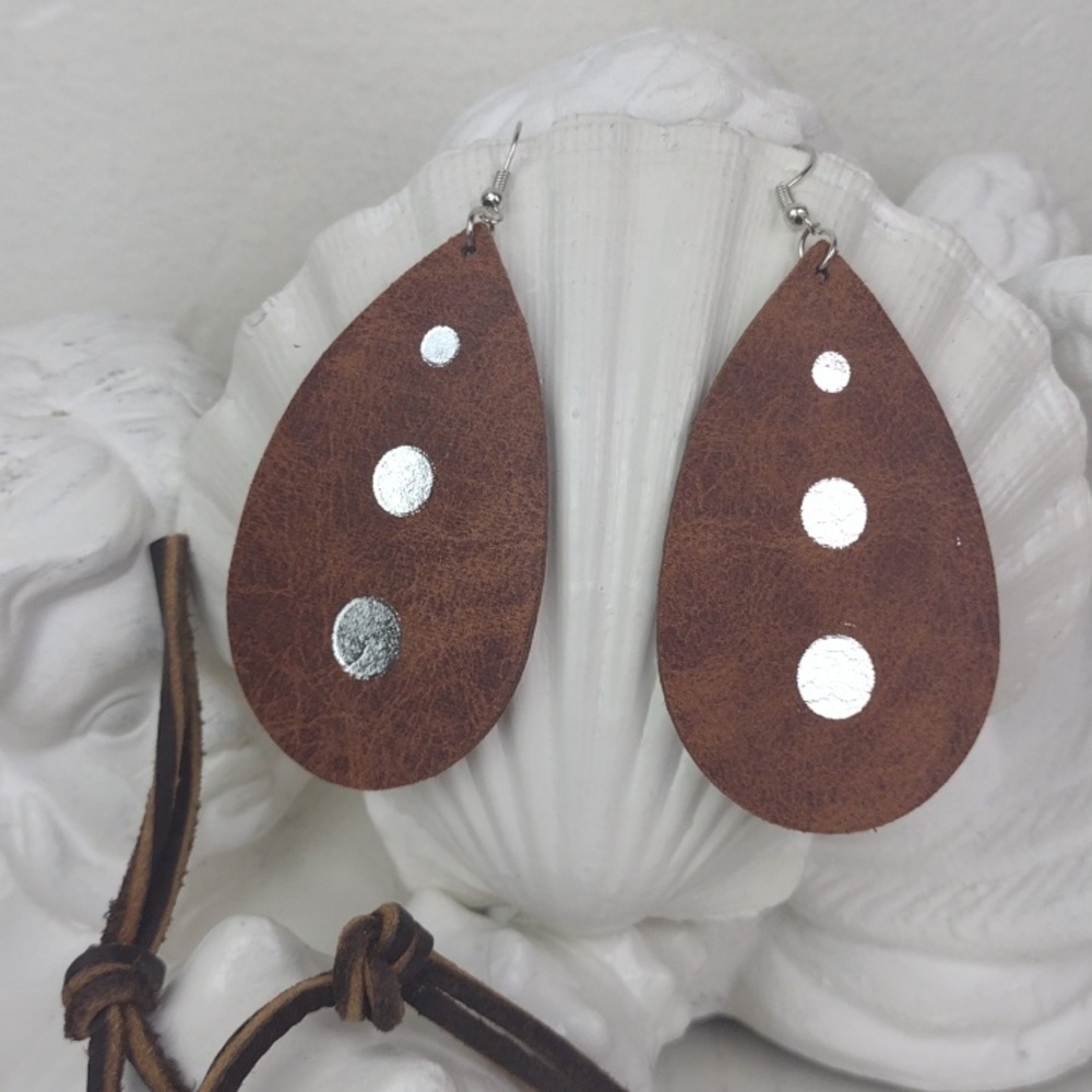 Handcrafted Brown Leather Like Teardrop Silver Accents Earrings